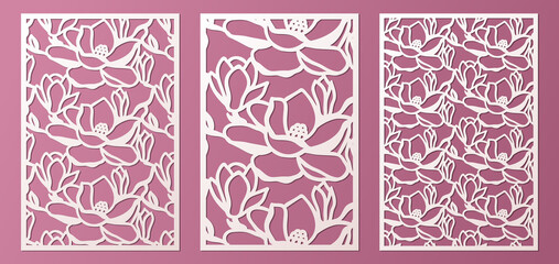 Laser and die cut ornamental panels template set with pattern of magnolia flowers. Cabinet fretwork panel. Lasercut metal panel. Wood carving. © raynv