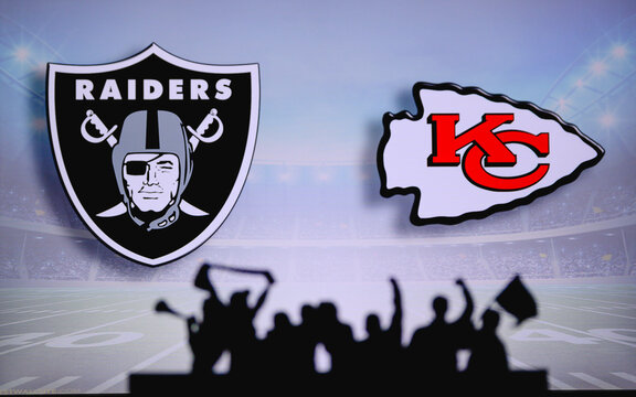 Las Vegas Raiders vs. Kansas City Chiefs. Fans support on NFL Game. Silhouette of supporters, big screen with two rivals in background.