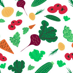 Vector seamless colorful pattern with tasty eco friendly vegetables and salad. 