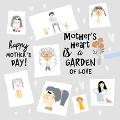 Cartoon set of hand drawn portraits of mothers