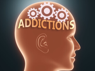 Addictions inside human mind - pictured as word Addictions inside a head with cogwheels to symbolize that Addictions is what people may think about and that it affects their behavior, 3d illustration