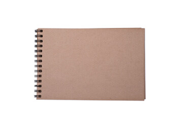 Open sketch book on a spring, horizontal orientation, brown craft paper, a blank sheet for sketches and notes. Isolated image on a white background.
