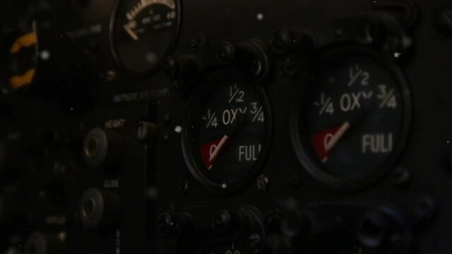 Gauges inside the Cockpit of an Old Fighter Jet. Close-Up. 