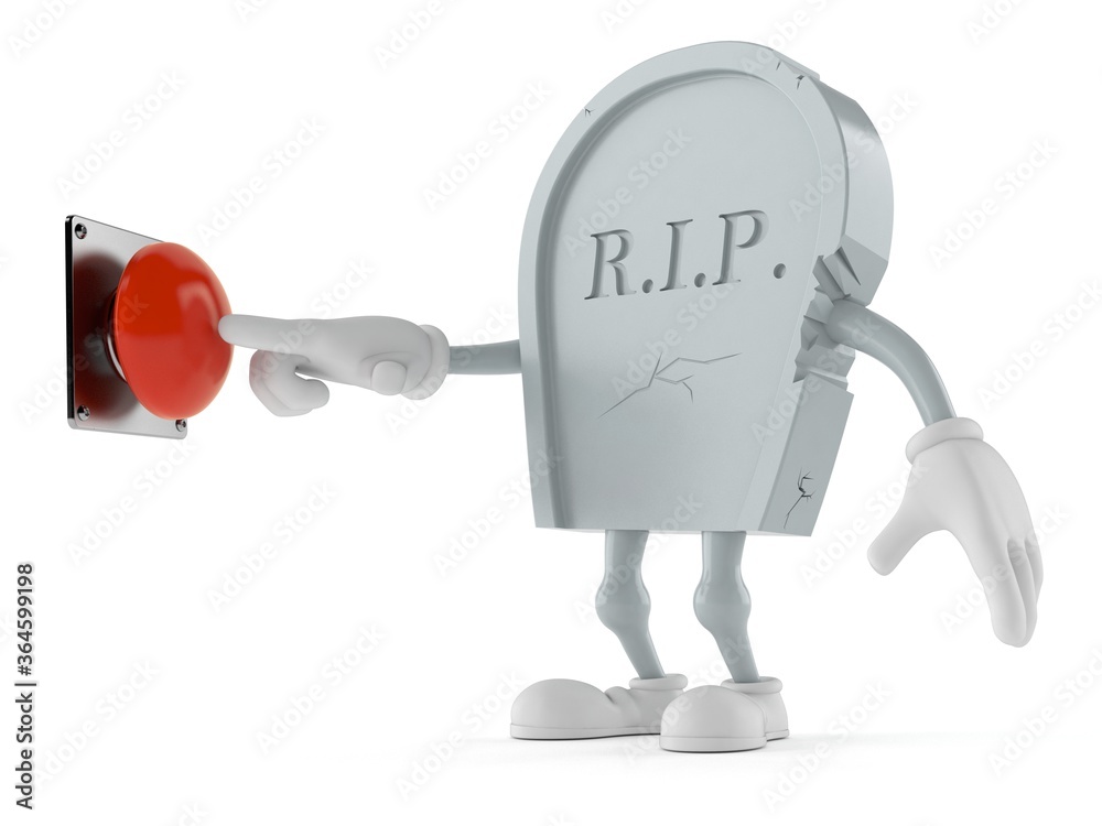 Wall mural Grave character pushing button on white background