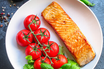 salmon barbecue grill fried Menu concept serving size. food background top view copy space for text keto or paleo pescatarian diet 