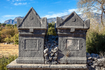 sarcophagus ruins in ancient sidyma city, Sidyma Ruins, Fethiye, Mugla, Turkey.