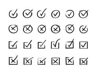 Super set hand drawn check mark. Doodle v checklist marks icon set. Vector illustration