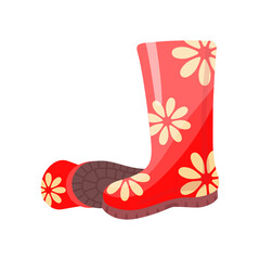 Element of garden set. Agricultural tool for garden care, colorful vector flat illustration. Gardening element gumboots with decorative flowers