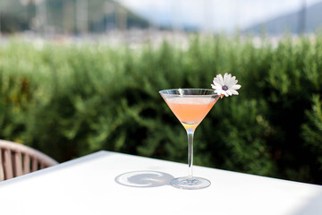Summer cocktail garnished with flowers. Cold alcohol beverage on bar terrace outdoor.