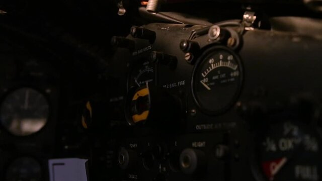 Gauges inside the Cockpit of an Old Fighter Jet. Close-Up. 