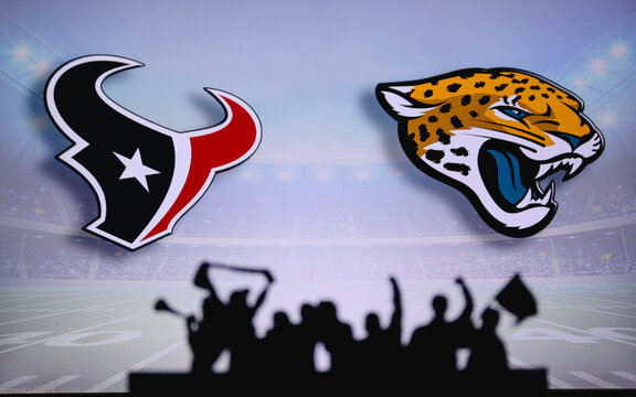Houston Texans vs. Jacksonville Jaguars. Fans support on NFL Game. Silhouette of supporters, big screen with two rivals in background.