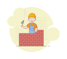 Construction, Heavy Labor Works Concept. Worker In Protective Uniform And Helmet Building Brick Wall With Trowel In Hands. Construction Worker At Work. Cartoon Linear Outline Flat Vector Illustration