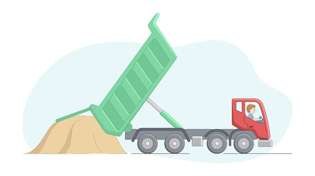 Construction And Heavy Labor Works Concept. Worker On Tipper Lorry Unloads Sand. Construction Machinery Operator Jobs. Male Character At Workplace. Cartoon Linear Outline Flat Vector Illustration