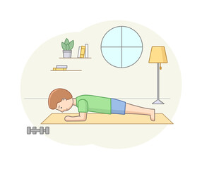 Fitness Concept, Health Care And Active Sport. Male Character Is Exercising In Gym Or At Home On Fitness Mate. Young Man Do Strength Training With Dumbbells. Linear Outline Flat Vector Illustration