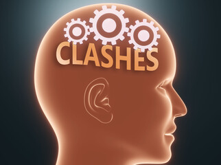 Clashes inside human mind - pictured as word Clashes inside a head with cogwheels to symbolize that Clashes is what people may think about and that it affects their behavior, 3d illustration