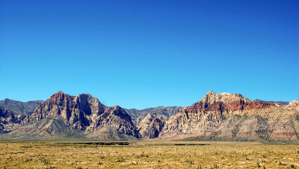 Scenic view of a mountain range in the Red Rock Canyon Conservation Area on the outskirts of Las Vegas