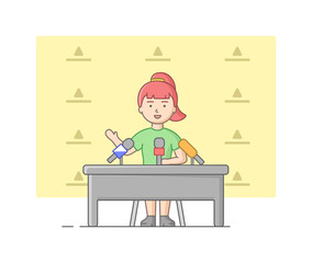 Concept Of Reportage And Interview. Young Woman Giving An Interview In Studio. News Presenter Speaking In Mic Before Camera. Questioner Gives Interview. Linear Outline Flat Style. Vector Illustration