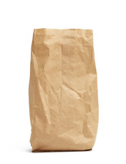 paper disposable bag of brown kraft paper isolated on white background, concept of rejection of plastic