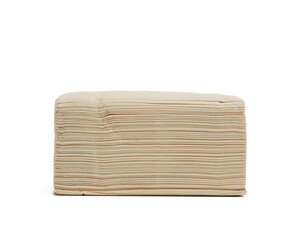 stack of paper disposable beige folded square napkins on a white background