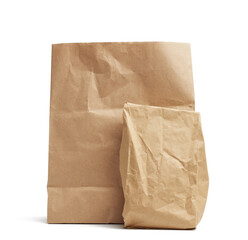 full paper disposable bag of brown kraft paper isolated on white background, concept of rejection of plastic packaging