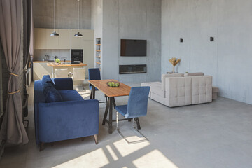 Modern minimalistic dark gray loft style studio apartment interior design. kitchen, sitting area, workplace, shower and bath. bright sun rays inside.