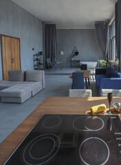 Modern minimalistic dark gray loft style studio apartment interior design. kitchen, sitting area, workplace, shower and bath. bright sun rays inside.