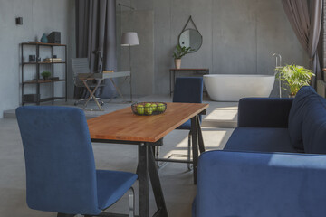 Modern minimalistic dark gray loft style studio apartment interior design. kitchen, sitting area, workplace, shower and bath. bright sun rays inside.