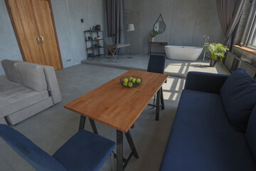 Modern minimalistic dark gray loft style studio apartment interior design. kitchen, sitting area, workplace, shower and bath. bright sun rays inside.