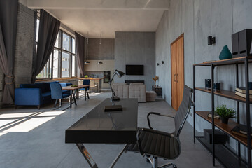 Modern minimalistic dark gray loft style studio apartment interior design. kitchen, sitting area,...