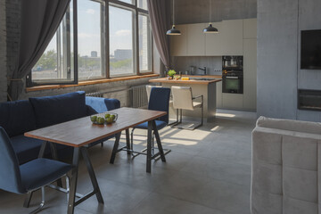 Modern minimalistic dark gray loft style studio apartment interior design. kitchen, sitting area, workplace, shower and bath. bright sun rays inside.