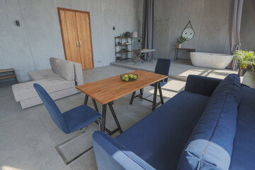 Modern minimalistic dark gray loft style studio apartment interior design. kitchen, sitting area, workplace, shower and bath. bright sun rays inside.