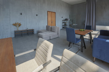 Fototapeta premium Modern minimalistic dark gray loft style studio apartment interior design. kitchen, sitting area, workplace, shower and bath. bright sun rays inside.