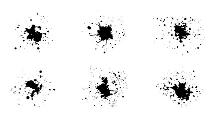 Set of black vector grunge ink splashes with drops. Collection of isolated unique textured inky blots for graphic design, social media stamps, shadows and dirty templates