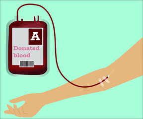 
A donor conception. A blood bag attached to the hand of a patient. Vector illustration.