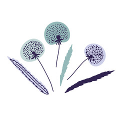 Floral vector with flat doodle style abstract flowers and leaves. Collection of hand drawn sketch style from simple lines and dots. Shades of blue, purple, pink. Fluffy dandelion, silhouette.