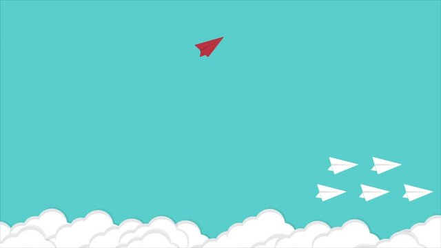 Think differently concept. Be different. Red airplane changing direction. New idea, change, trend, courage, creative solution, innovation and unique way concept. Animation.
