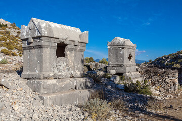 sarcophagus ruins in ancient sidyma city, Sidyma Ruins, Fethiye, Mugla, Turkey.