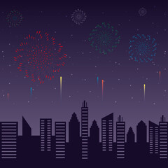 Fireworks burst explosions with citycape in night sky background