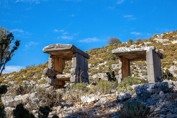 sarcophagus ruins in ancient sidyma city, Sidyma Ruins, Fethiye, Mugla, Turkey.