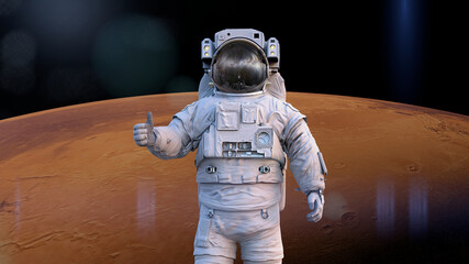 astronaut showing thumbs up in front of planet Mars