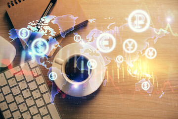 Multi exposure of forex chart drawing and work table top veiw. Concept of financial analysis.