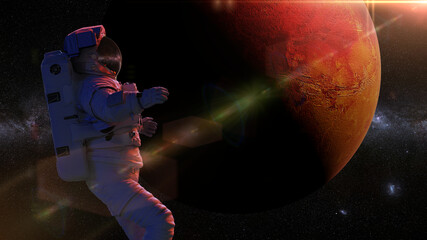 astronaut during a spacewalk in orbit of planet Mars