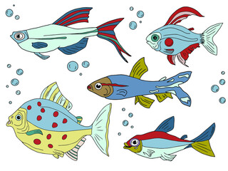 Vector color set of tropical fish doodles: neon fish, red-eared, aquarium under the sea