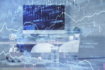 Multi exposure of financial graph drawing and office interior background. Concept of market analysis.
