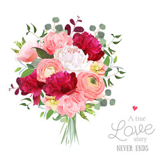 Luxury autumn vector bouquet with ranunculus, peony, rose, carnation, green plants on white vector design set. Bunch of flowers in modern mixed style.