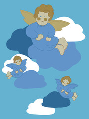 Vector angels and clouds are smiling for a childish illustration positive three little angels fly in the sky