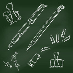 Abstract vector illustration with a pen, pencil, eraser, paper clips and buttons.