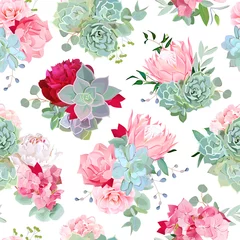 Ingelijste posters Elegant mixed bouquets of succulents, echeveria, peony, protea, camellia, carnation, hydrangea seamless vector design pattern © lavendertime