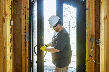 Builder in installing a door lock the door of a new house