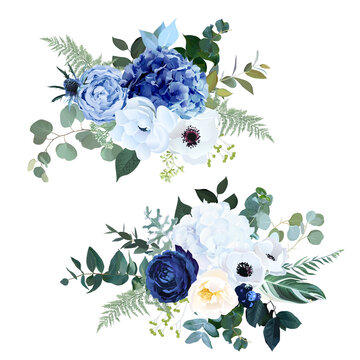 Classic Navy Blue Rose, White Hydrangea, Ranunculus, Anemone, Dark Thistle Flowers